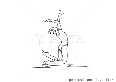 Single one line drawing woman exercising rhythmic gymnastics. Female gymnast elegantly art dancing, her precision, grace, and artistry. Modern continuous line draw design graphic vector illustration 127421187