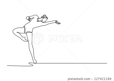 Single one line drawing young female rhythmic gymnastics artist in sportswear training ballet dancing. Grace in motion, action and sport. Modern continuous line draw design graphic vector illustration 127421189