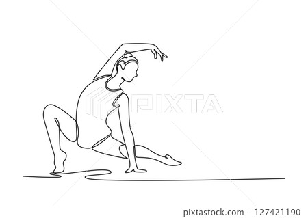 Single one line drawing young female rhythmic gymnast posing and dancing. Beautiful and graceful sports. Motion, grace and flexibility. Modern continuous line draw design graphic vector illustration 127421190