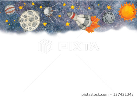 Border with flying planets, sun and rocket in space among stars, hand drawn watercolor illustration, cartoon. Space, outer space, rocket, ship, astronomy, April 12, birthday, planet 127421342