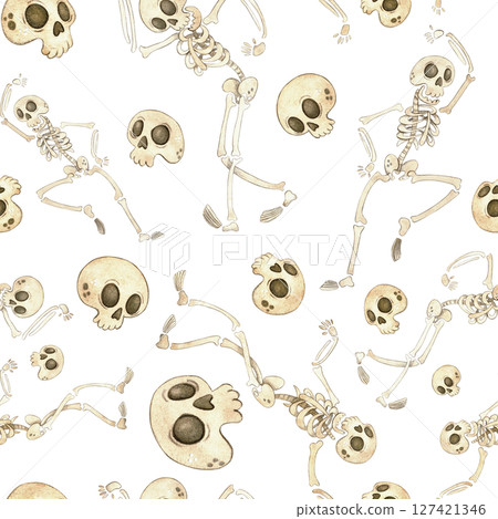 Seamless pattern with skeletons and skulls for Halloween. Watercolor illustration hand drawn cartoon. Drawing for textile, for paper, cards and invitations. Holiday, decoration, skeleton, skull Seamless pattern with skeletons and skulls for Halloween. Watercolor illustration hand drawn cartoon. Drawing for textile, for paper, cards and invitations. Holiday, decoration, skeleton, skull 127421346