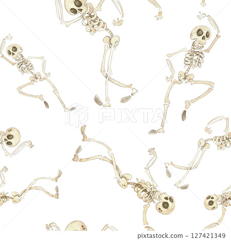 Seamless pattern with dancing skeletons for Halloween. Watercolor illustration hand drawn cartoon. Drawing for textile, for paper, cards and invitations. Holiday, decoration, skeleton 127421349