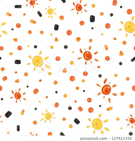 Seamless pattern of confetti for party. Watercolor illustration hand drawn cartoon. Drawing for textile, for paper, cards and invitations. Holiday, decoration, confetti, orange, black, yellow 127421350