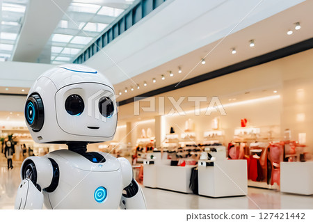 A white AI robot patrolling the floors of a shopping center 127421442