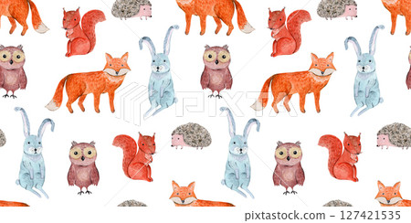 Cute woodland watercolor seamless pattern with cheerful forest animals. Funny hand drawn watercolour print with fox and squirrel, hare, owl and hedgehog for kids textile, surface design, wallpaper Cute woodland watercolor seamless pattern with cheerful forest animals. Funny hand drawn watercolour print with fox and squirrel, hare, owl and hedgehog for kids textile, surface design, wallpaper 127421535