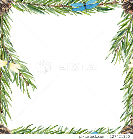 Pine branches, cones, dragonflies a botanical square frame. Hand-painted in watercolor. Perfect for eco branding, invitations, packaging, greeting cards, natural product labels and seasonal designs 127421590