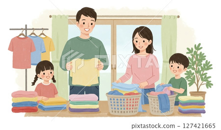 全家一起摺衣服的溫馨日常場景 127421665