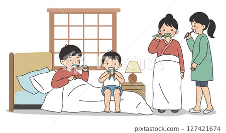 Brushing your teeth together as a family! Enjoy a peaceful time getting ready in the morning Brushing your teeth together as a family! Enjoy a peaceful time getting ready in the morning 127421674