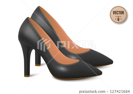 Vector 3d Realistic Black High Heels Pair. Realistic Women s Shoes with Stiletto Heel for Fashion Poster, Shoe Store Banner, Clothing Catalog, Footwear Branding, Elegant Outfit Design, Online Shop 127421684