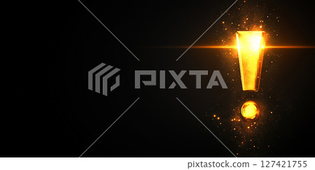 Golden glowint exclamation mark against black background with ample space for announcements Golden glowint exclamation mark against black background with ample space for announcements 127421755