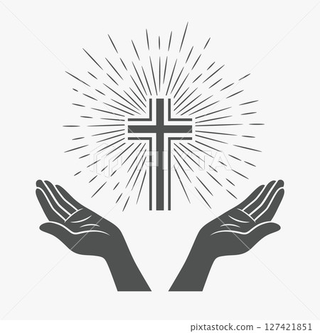 Black and White Open Hands with Cross and Divine Light, Symbol of Faith and Prayer. Design Template for Church Logo. Prayer, Religion Concept Monochrome Cut Out Silhouette Icon. Vector Illustration 127421851
