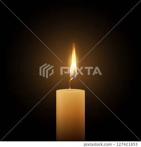 Realistic Vector Candle Flame Clipart on Black Background. Single Wax Pillar Candle with Soft Warm Glow and Flickering Flame, Ambient Lighting Design Template for Web, Print, Logo Design 127421853