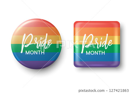 Pride Month Vector Badge Set with Rainbow Flag. Round and Square LGBTQ Button Design for Equality Symbol, Pride Event, Gay Rights Support, Diversity Pin, Parade Graphic, LGBT Celebration 127421863