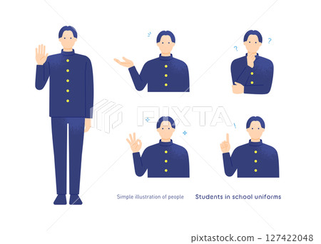 Illustration set of male students wearing school uniforms. Vector material collection of OK signs, pointing, thinking, and standing poses 127422048
