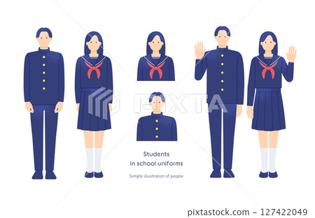 Male and female students in uniforms. A collection of poses for boys in school uniforms and girls in sailor suits. Vector illustration material 127422049