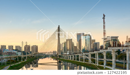Urban cityscape with a cable-stayed bridge in Sao Paulo. 127422195