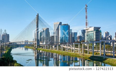 Urban cityscape with a cable-stayed bridge in Sao Paulo city. 127422313