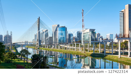 Urban cityscape with a cable-stayed bridge in Sao Paulo city. 127422314