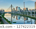 Urban cityscape with a cable-stayed bridge in Sao Paulo. 127422319
