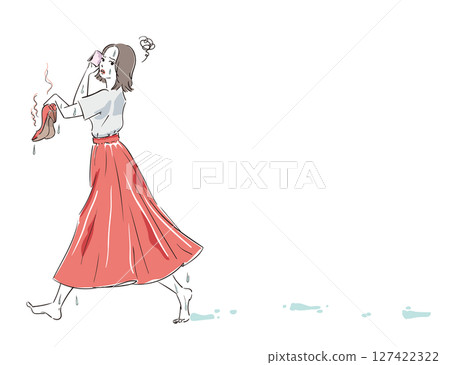 一位可愛的女士因汗水或雨水而難以弄濕她的高跟鞋 127422322