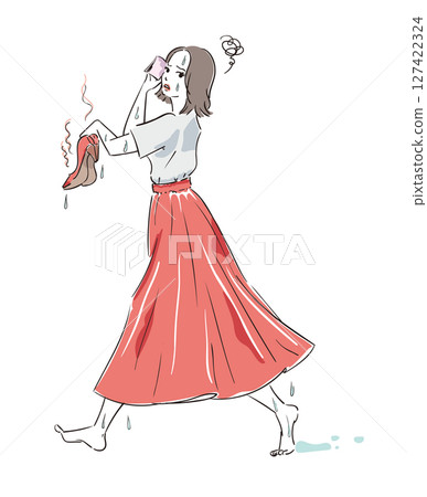 一位可愛的女士因汗水或雨水而難以弄濕她的高跟鞋 127422324