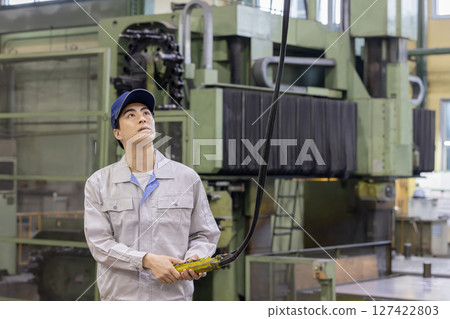 A worker operating the overhead crane/sling controller 127422803