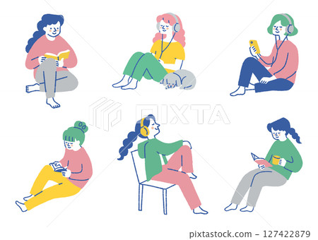 Set of women enjoying their time alone_Color 127422879