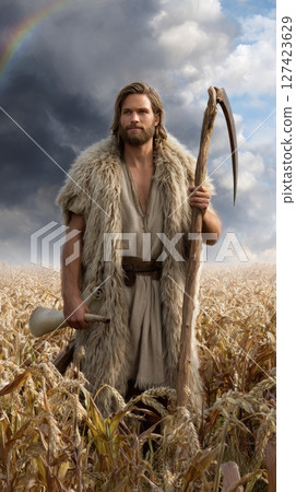 Caucasian male dressed as viking in wheat field with scythe and drinking horn under stormy sky. 127423629