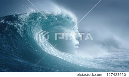 Ocean wave merging with a human face in surreal seascape. 127423630