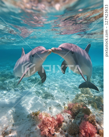 Pair of dolphins swimming in clear ocean water with coral reefs. Pair of dolphins swimming in clear ocean water with coral reefs. 127423633