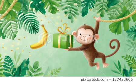 Cheerful monkey with gift and banana in jungle scene. 127423666