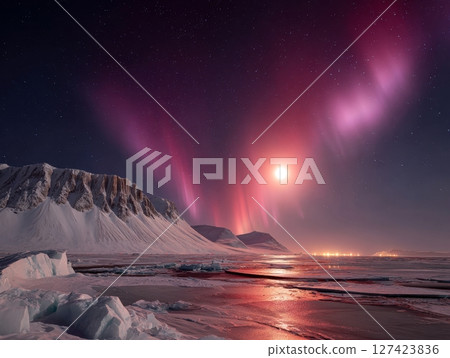 Spectacular aurora over frozen arctic landscape with moonlit sky. Spectacular aurora over frozen arctic landscape with moonlit sky. 127423836