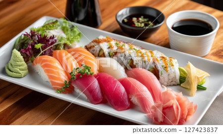 Assorted sushi platter with nigiri and rolls on wooden table. Assorted sushi platter with nigiri and rolls on wooden table. 127423837