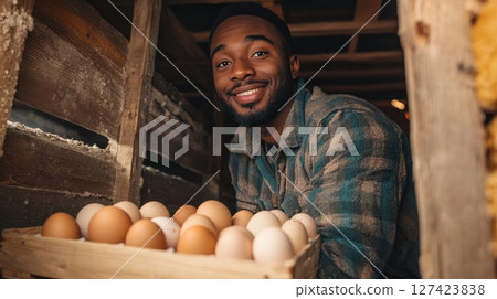 Smiling african male adult farmer gathering fresh eggs in rustic wooden chicken coop. Smiling african male adult farmer gathering fresh eggs in rustic wooden chicken coop. 127423838