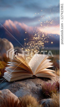 Magical book unleashing mystical sparks in mountainous landscape at twilight. 127423861
