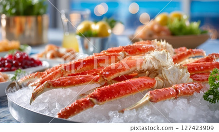 Fresh alaskan king crab legs on ice with citrus garnish at seafood restaurant. Fresh alaskan king crab legs on ice with citrus garnish at seafood restaurant. 127423909