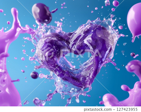 Vibrant purple and blue splash in heart shape with abstract fluid motion. 127423955