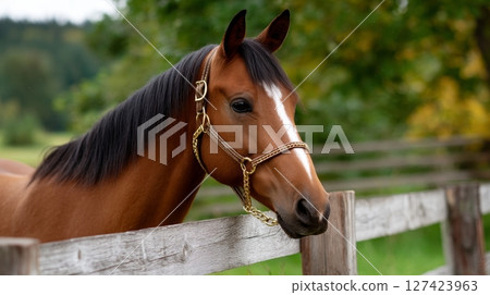 Beautiful brown horse with bridle standing by wooden fence in lush greenery. Beautiful brown horse with bridle standing by wooden fence in lush greenery. 127423963