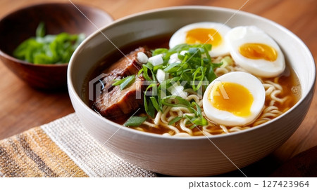 Delicious bowl of ramen with soft-boiled eggs, pork, and green onions on a wooden table. 127423964