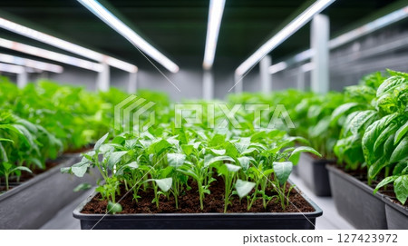 Indoor hydroponic garden with vibrant green plants in controlled environment. 127423972