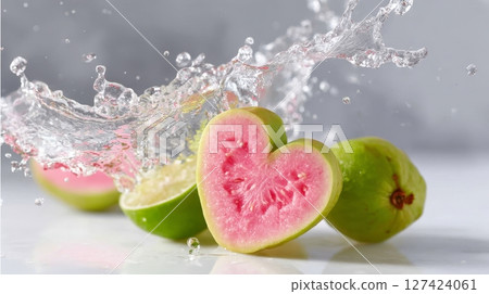 Refreshing splash of water on heart-shaped pink guavas. 127424061