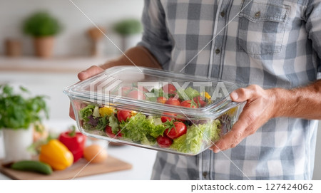 Young caucasian male holding fresh salad in glass container in kitchen. 127424062