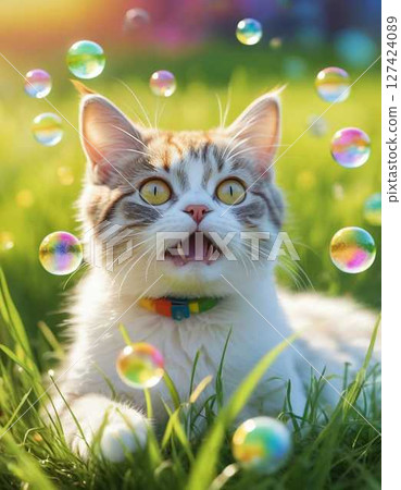 Kitten gazing at rainbow colored soap bubbles 127424089