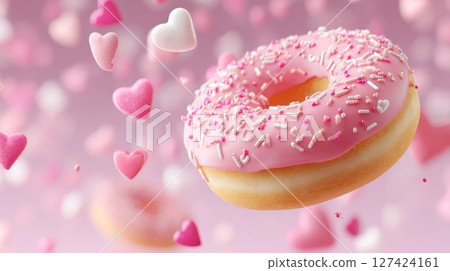 Pink frosted donut with heart sprinkles against soft pink background. 127424161