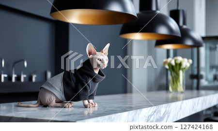 Sphynx cat in stylish sweater on modern kitchen counter with pendant lights. 127424168