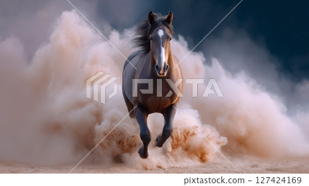 Majestic black horse running through dust cloud on a desert plain. Majestic black horse running through dust cloud on a desert plain. 127424169