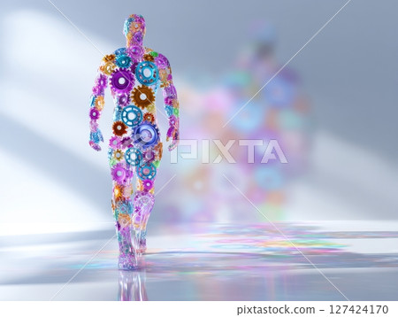 Colorful abstract human figure composed of gears and reflections. Colorful abstract human figure composed of gears and reflections. 127424170
