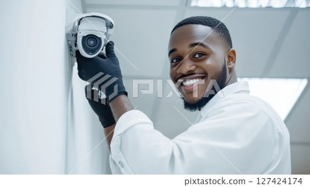Smiling african adult male technician installing security camera indoors. 127424174