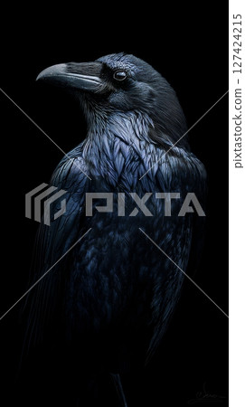 Majestic raven in dramatic lighting against black background. 127424215