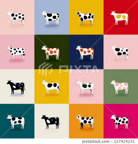 Colorful pop art cows on vibrant multicolored backgrounds in grid layout. 127424231
